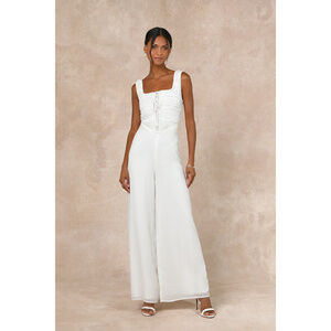 Lulus Majorly Iconic White Swiss Dot Ruffled Lace-up Sleeveless Braided Jumpsuit
